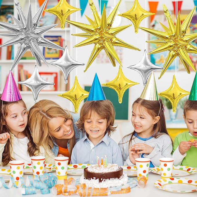 Gold Silver Star Balloons,Explosion Star Balloons Kit with 6Pcs 22Inch Cone Star Foil Balloons and 10Pcs 10Inch Four Pointed Star Balloons for Birthday Anniversary Disco Party Decorations