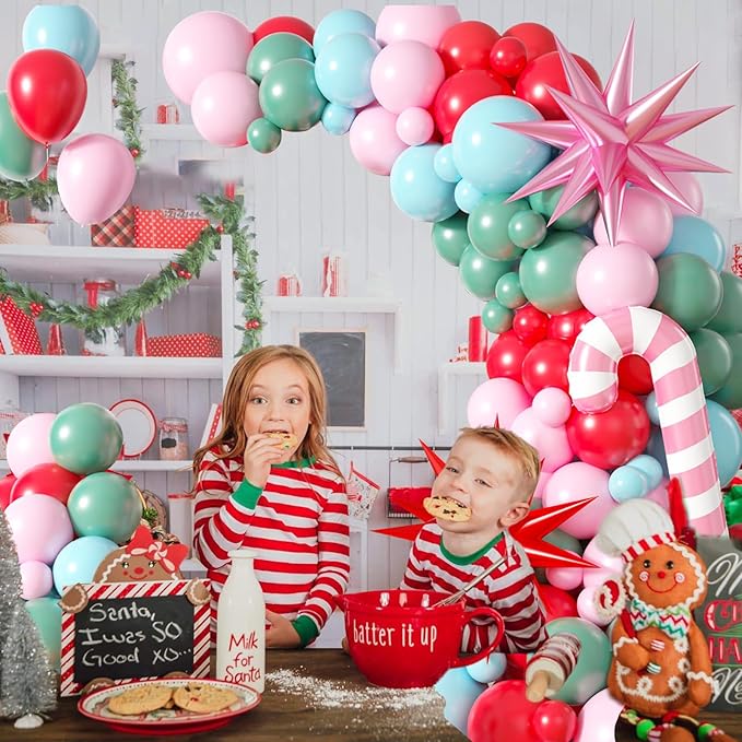 FunHot Pink Christmas Balloons Arch Kit, Xmas Pink Green Balloons Garland, Teal Blue Mint Green Latex Balloons Gingerbread Man Candy Cane Star Foil Balloon for New Year Christmas Party Decorations