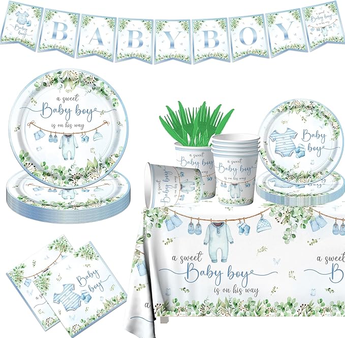 Greenery Baby Shower Tableware Set, Watercolor Blue Boy Plates, Napkins, Cups, Tablecloth for Boy Baby Shower Gender Reveal Supplies