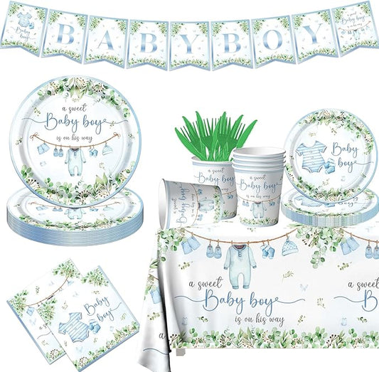 Greenery Baby Shower Tableware Set, Watercolor Blue Boy Plates, Napkins, Cups, Tablecloth for Boy Baby Shower Gender Reveal Supplies