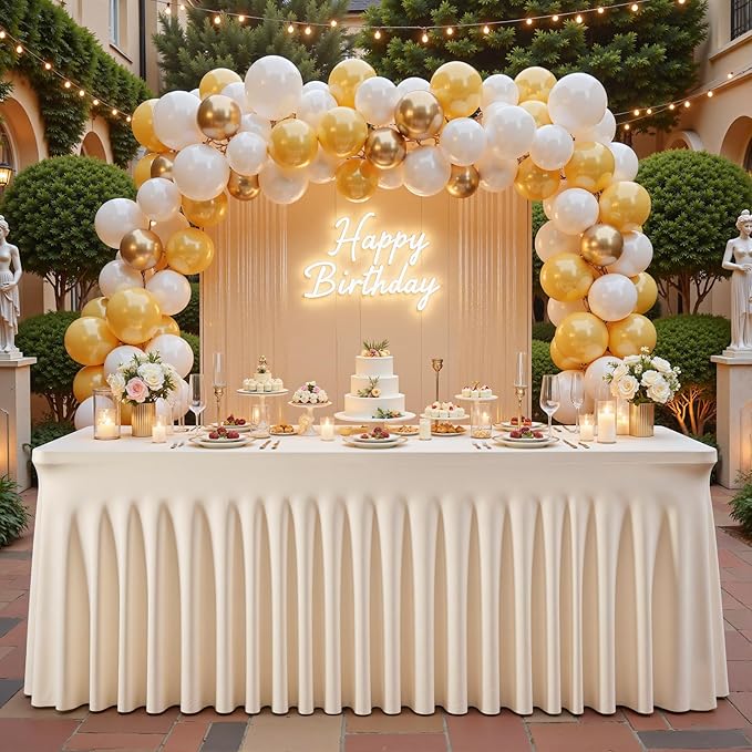 1 Pack Light Champagne Table Clothes for 6 Foot Rectangle Tables, One-Piece Wrinkle Resistant Stretch Spandex Table Covers with Skirt for Event Banquet Wedding Birthday Party