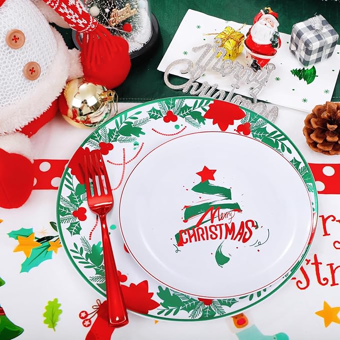 GATHER 176 Pieces Christmas Plastic Plates - Heavy Duty Christmas Disposable Dinnerware Set include 50 Plates, 75 Red Plastic Silverware, 25 Napkins, 25 Cups and 1 Tablecloth for Xmas Party