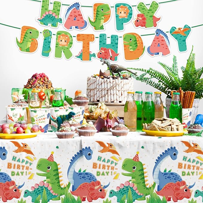 Dinosaur Birthday Party Supplies Disposable Paper Plates Napkins Cups Tablecloth and Banner for Dinosaur Party Decorations Serve 25