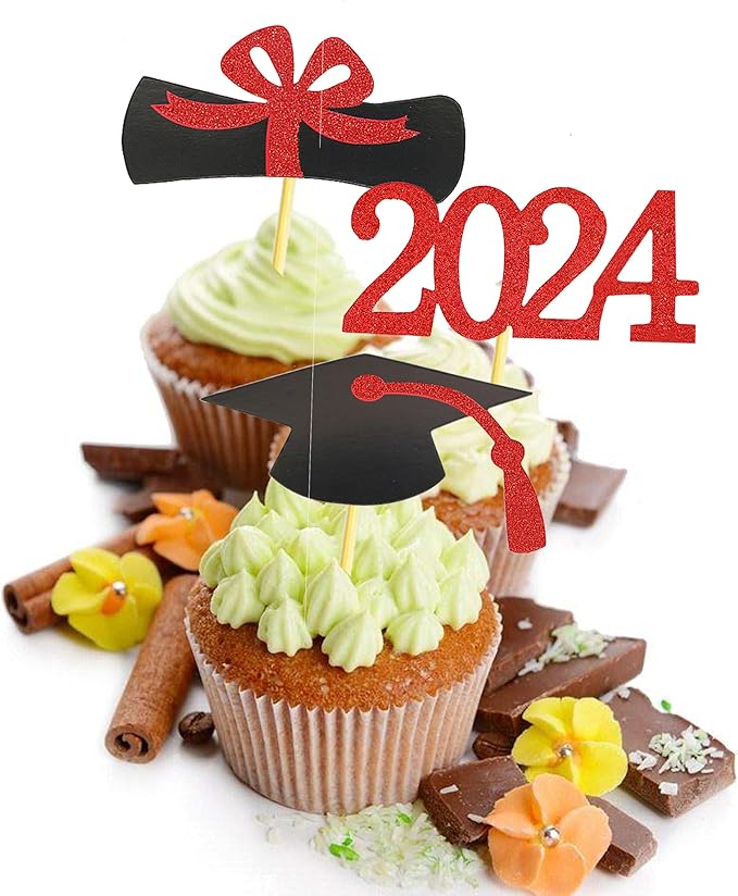 2025 Graduation Cupcake Toppers, 48 PCS Food/Appetizer Picks For Graduation Party Mini Cake Decorations, Diploma, 2025, Grad Cap Set 48 Pieces (03 Red)