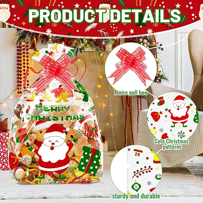 JJJMMM 10 Pcs Christmas Cellophane Baskets Gift Bags Large 16x24 inch with 10 pcs Pull Bows for Gift Wrapping Holiday Party Supplies (Christmas)