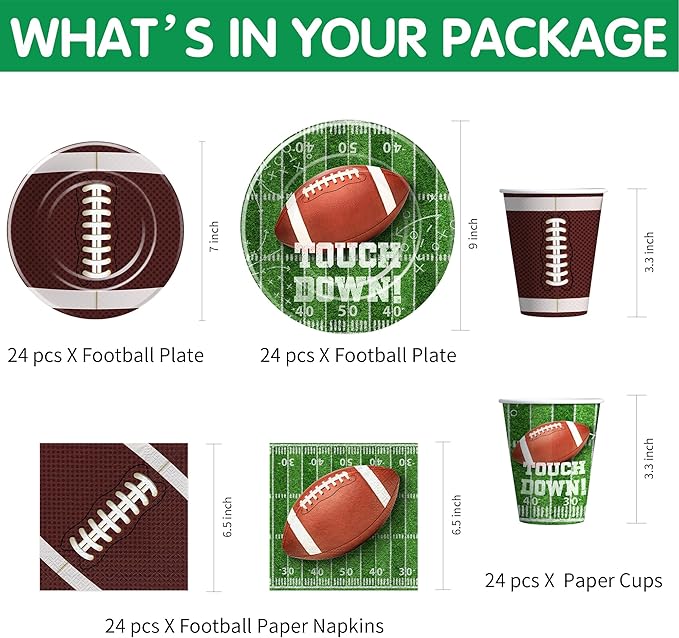 Football Party Decorations And Supplies, Football Decorations Tableware, Paper Plate, Napkin, Cup, Cutlery, Tablecloth, Banner, Football Birthday Table Decorations, Serves 24
