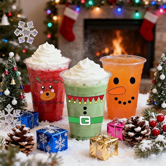 50 Pcs Christmas Plastic Cups, 12 OZ Christmas Disposable Party Drinking Cups, Santa Claus Snowman PET Cup for Xmas Winter Holiday Party Drinkware Table Decorations Supplies (5 styles)