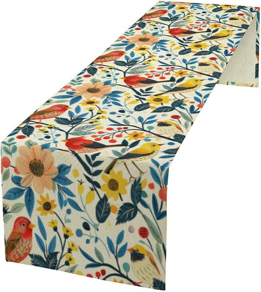 Flowers Birds Spring Table Runner, Colorful Birds Branches Floral Seasonal Kitchen Dining Table Decoration for Home Party Decor 13x60 Inch