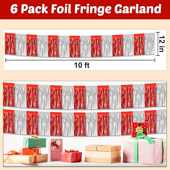 6 Pack 10 Feet Red Silver Wave Foil Fringe Garland Metallic Tinsel Streamers Banner Wall Hanging Curtain Backdrop for Parade Floats, Mother's Day, Easter, Wedding, Birthday Party Decoration