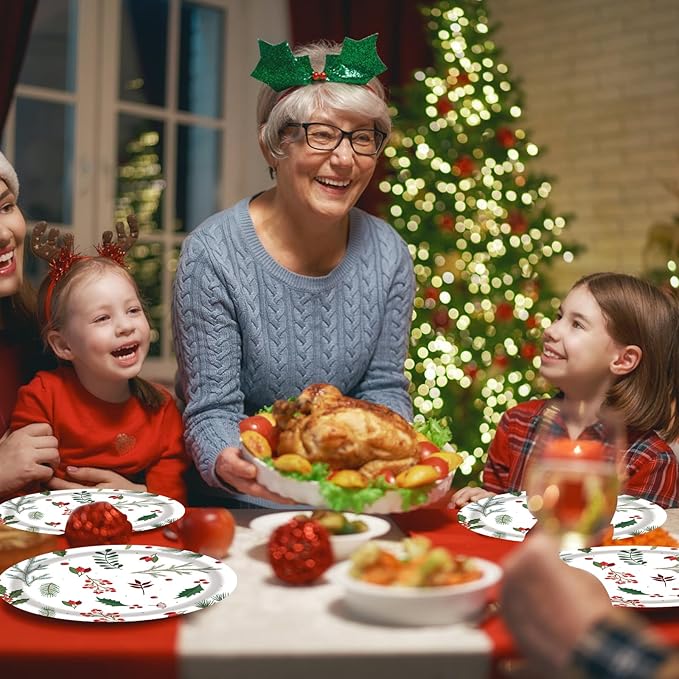 40 Pcs Christmas Plates and Napkins Party Supplies, Disposable Seasonal Holly Paper Plates Napkins Tableware Set for Winter Theme Birthday Holiday Party Decorations Serves 20