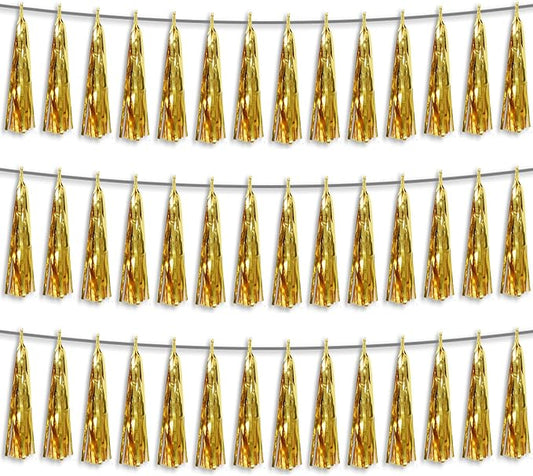 3P Gold Foil Fringe Metallic Tassel Streamers Banner Tassel Garland for Parade Floats, Bachelorette, Wedding, Birthday, Halloween, Christmas, Bridal/Baby Shower Party Decorations