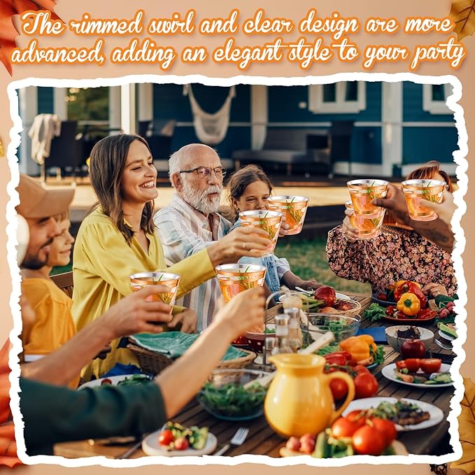 Gejoy 9 oz Rimmed Swirl Plastic Cups Disposable Wine Drinking Cups Clear Elegant Halloween Tumblers for Christmas Party Supplies(Orange,100 Pcs)