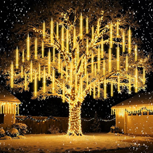 Meteor Shower Lights Outdoor Christmas Lighting Falling Rain Lights 12Inch 10Tubes Rain Drop Light Snowfall Icicle Cascading String Decor for Xmas Holiday Tree Garden Decor,Shine Warm White