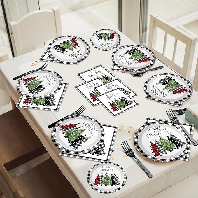 96 Pieces Buffalo Plaid Christmas Tree Tableware Set for Christmas Party Black and White Gingham Buffalo Plaid Decorations Disposable Dessert Paper Plates Napkins Forks for 24 Guests