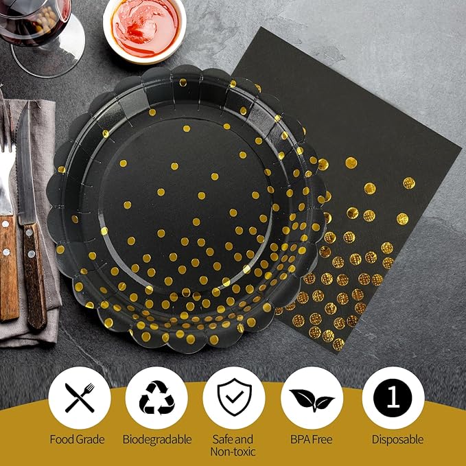 50PCS Black and Gold Paper Plates and Napkins, 7Inch Black and Gold Dot Party Supplies Disposable Party Plates Tableware Set for Birthdays, Graduations, Fathers Day Retirement and Weddings Decorations