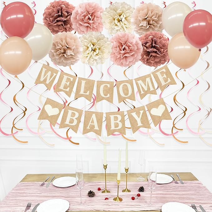 Baby Shower Party Decorations Kit Welcome Baby Heart Burlap Banner with Dusty Pink Cheesecloth Table Runner Tissue Flowers Pom Pom Felt Swirl Balloons for Boho Hello Baby Party Decorations Supplies