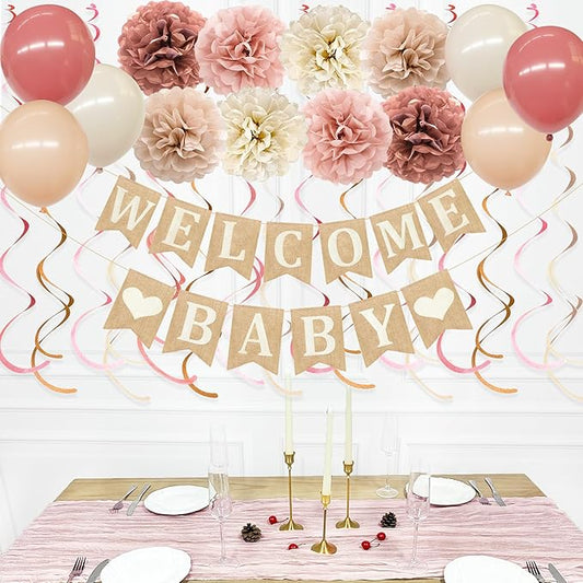 Baby Shower Party Decorations Kit Welcome Baby Heart Burlap Banner with Dusty Pink Cheesecloth Table Runner Tissue Flowers Pom Pom Felt Swirl Balloons for Boho Hello Baby Party Decorations Supplies