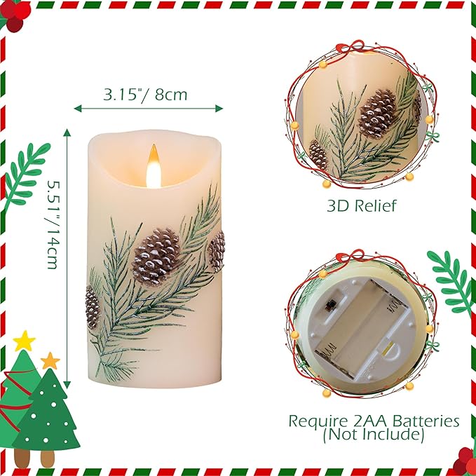 Christmas Tree Flameless Candles with Remote and Timer, Real Wax LED Pillar Candle with Flickering Flame, Embossed Design, Battery Operated Candles Xams Holiday Home Décor