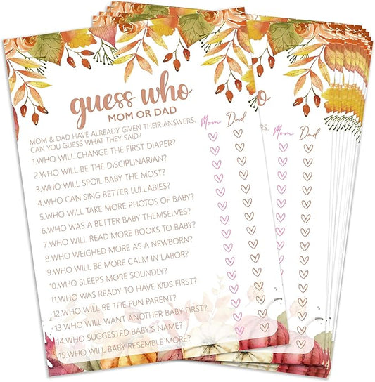 Guess Who? Game Cards, Autumn Baby Shower Games Cards, Thanksgiving Boy or Girl Baby Gender Reveal Party Favors Decorations and Supplies, 25 Pcs Double-Sided - E03