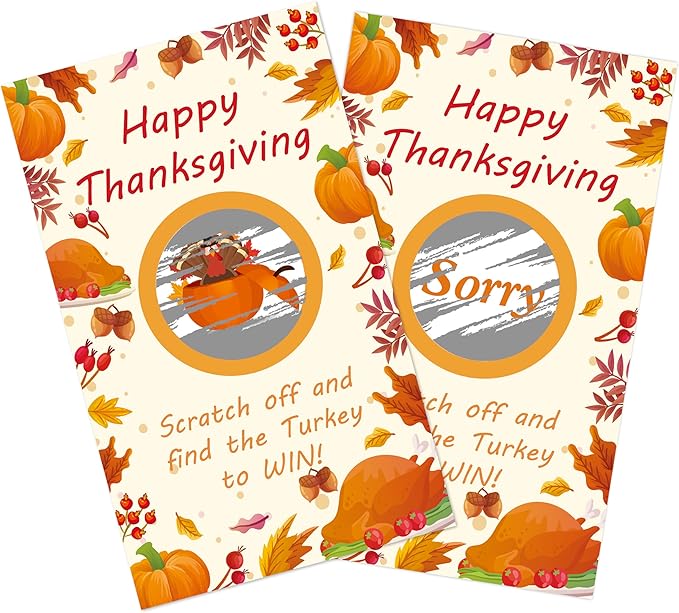 Thanksgiving Scratch Off Cards, 50pcs Autumn Party Scratch Off Tickets, Fall Harvest Game Cards for Adults Family Groups Supplies Classroom Activities - B03