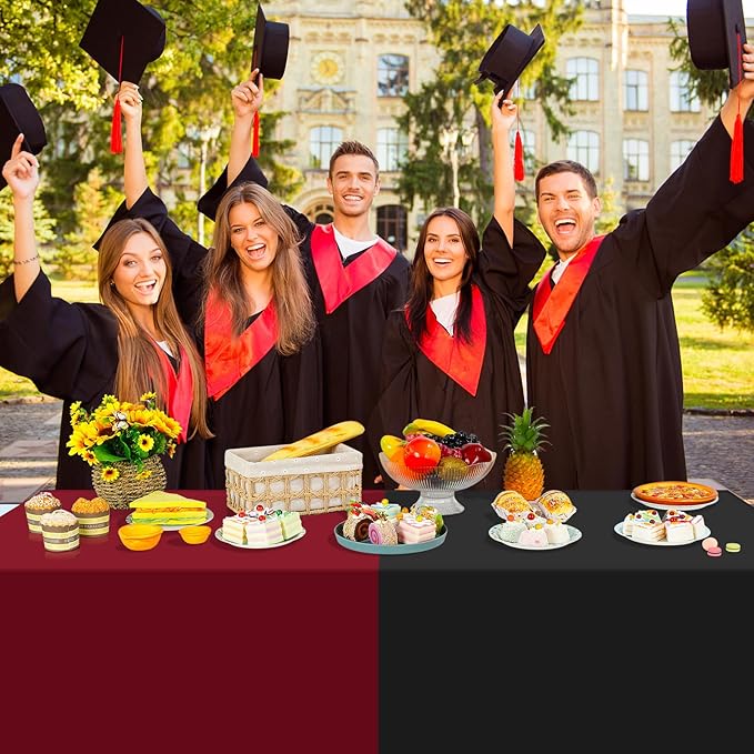 12 Pcs Maroon Black White Plastic Tablecloths Bulk,54 x 108 Inch Disposable Rectangle Party Table Cloth Waterproof Table Cover for Birthday Wedding Anniversary Graduation Party Decorations Supplies