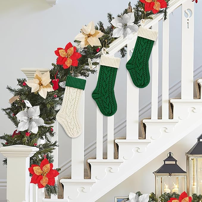 2 Pack 18" Personalized Christmas Stockings, 18inch Large Cable Knitted Xmas Hanging Stocking Decorations for Holiday Christmas Party Family Decor (Lvory/Green)