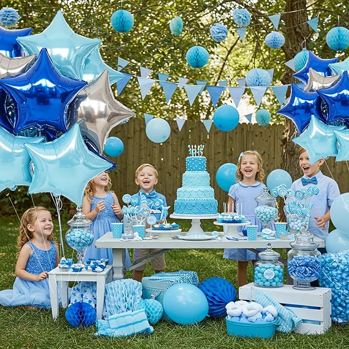 TONIFUL 15Pcs 18 Inch Large Blue Silver Star Shape Foil Balloons Big Stars Helium Mylar Ballons for Birthday Wedding Baby Shower Anniversary Engagement Party Decorations Supplies