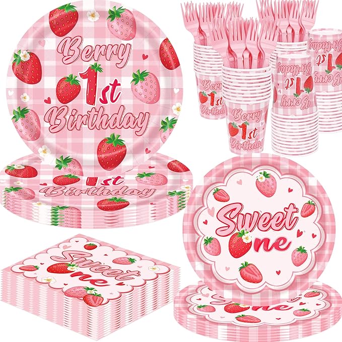 REDWORD Berry First Birthday Decor, 120Pcs Strawberry 1st Birthday Decorations with Plates Napkins Forks Cups Supplies for Girl First Sweet One Birthdays Party Decorations-Serves 24