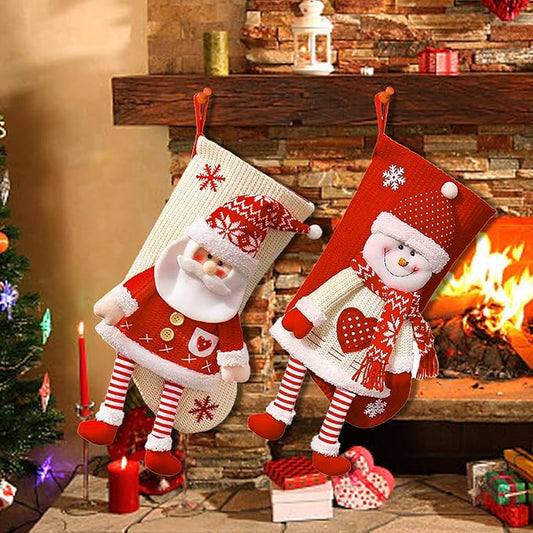 2 Pack Christmas Stockings, 19.7 Inch Large Stockings, Personalized Knitted 3D Pattern Santa Snowman Socks, Eve Candy Stocking Bag for for Holiday Xmas Party Decoration (Style 1)