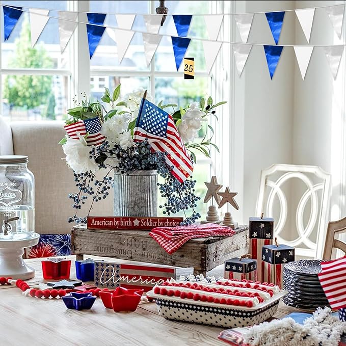 65FT Navy Blue White Silver Glitter Triangle Pennant Banner Flag Metallic Bunting Fabric Garland for Christmas Graduation Wedding Bridal Shower Nautical Ahoy Achor Theme Party Decorations Supplies