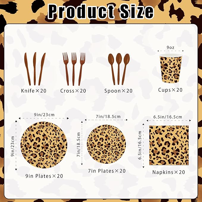 140PCS Leopard Print Party Decorations,Jungle Animal theme Decorations Include Tableware, Plate, Cup, Napkin, Cutlery, Animal Cheetah Print Birthday Party Supplies Serve 20