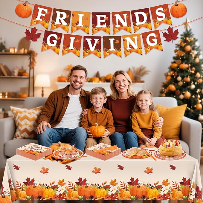 REDWORD Friendsgiving Plates, 98Pcs Friendsgiving Paper Plates-Serve 24 with Friends Giving Banner Fall Pumpkin Tablecloth Napkins for Fall Thanksgiving Friends giving Party Decorations