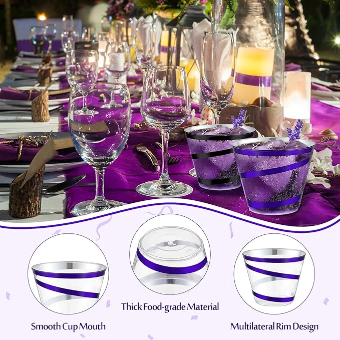 Gejoy 9 oz Rimmed Swirl Plastic Cups Disposable Wine Drinking Cups Clear Elegant Halloween Tumblers for Christmas Party Supplies(Purple, Black,100 Pcs)