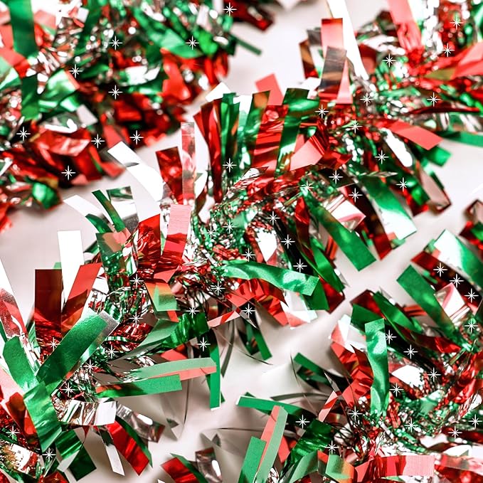 50Ft Christmas Tinsel Garland, Red Grenn Silver Metallic Twist Garland for Xmas Tree Decorations, Tinsel for New Year Party Ceiling Hanging Decorations Indoor and Outdoor Decor