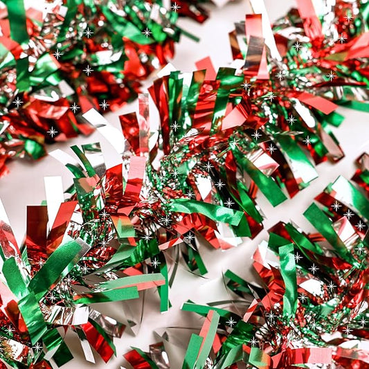 50Ft Christmas Tinsel Garland, Red Grenn Silver Metallic Twist Garland for Xmas Tree Decorations, Tinsel for New Year Party Ceiling Hanging Decorations Indoor and Outdoor Decor