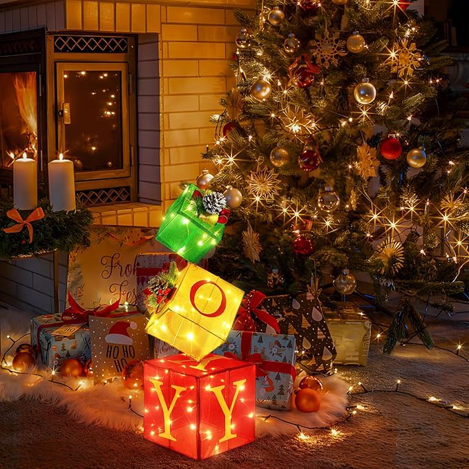 Christmas Joy Lighted Gift Boxes Decorations Set of 3, 2.8Ft Stackable Christmas Nesting Boxes Battery Operated for Home and Party Decoration