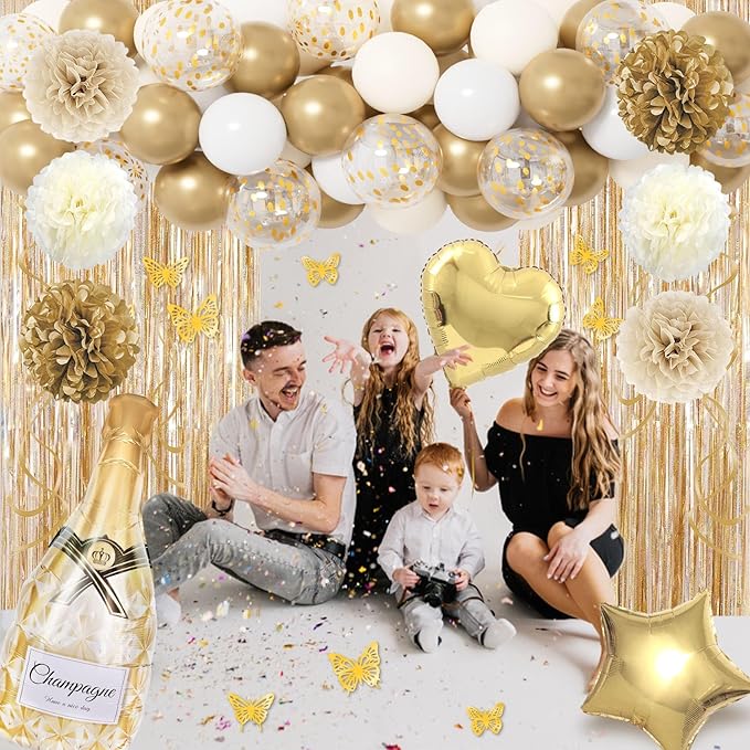 White and Gold Birthday Party Decorations Kit for Women Girls, Gold White Sand Confetti Foil Balloons Happy Birthday Banner Fringe Curtains Butterfly Garland Baptism Communion Supplies