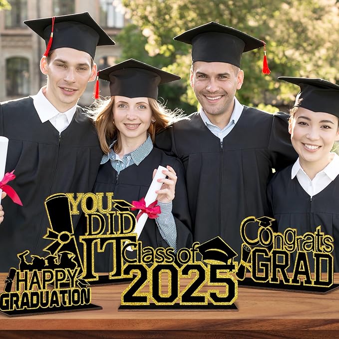 (4 Pcs) KSKSPE Graduation Decorations Party Supplies Table Centerpieces,Graduation Theme Design and Sturdy Wooden for Graduation Party Favors Decorations,Black
