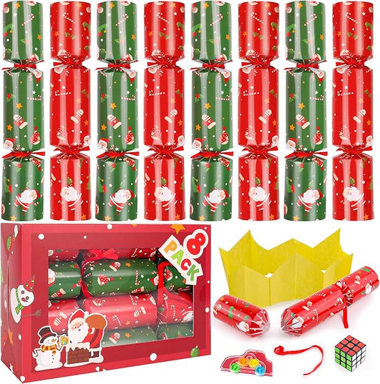8 Pack Christmas Party Favor Non-Snap Red Green Christmas Party Table Favor with Party Hats Joke Little Gifts Inside for Kids Adults, Holiday Party Favor Xmas Dinner Traditions Supplies