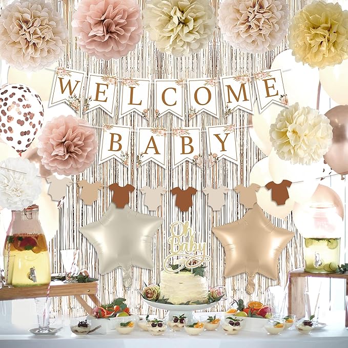 Champagne Baby Shower Decorations, Boho Beige Baby Shower Decor Set with Welcome Baby Banner,Tissue Pom Poms,Oh Baby Cake Topper,Nude Cream Gold Balloons| Neutral Baby Boy Girl Shower Party Supplies