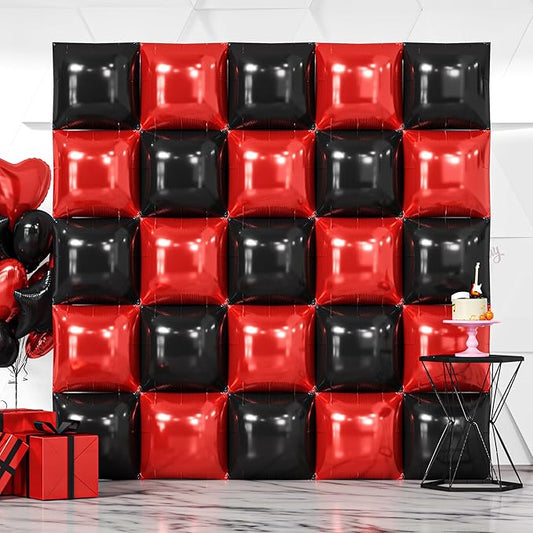 NISOCY 25PCS Red Black Square Foil Balloons Wall Backdrop Double Sided Red Black Balloons Arch Kit for Birthday Valentine's Day Halloween Graduation Wedding Anniversary Party Decorations