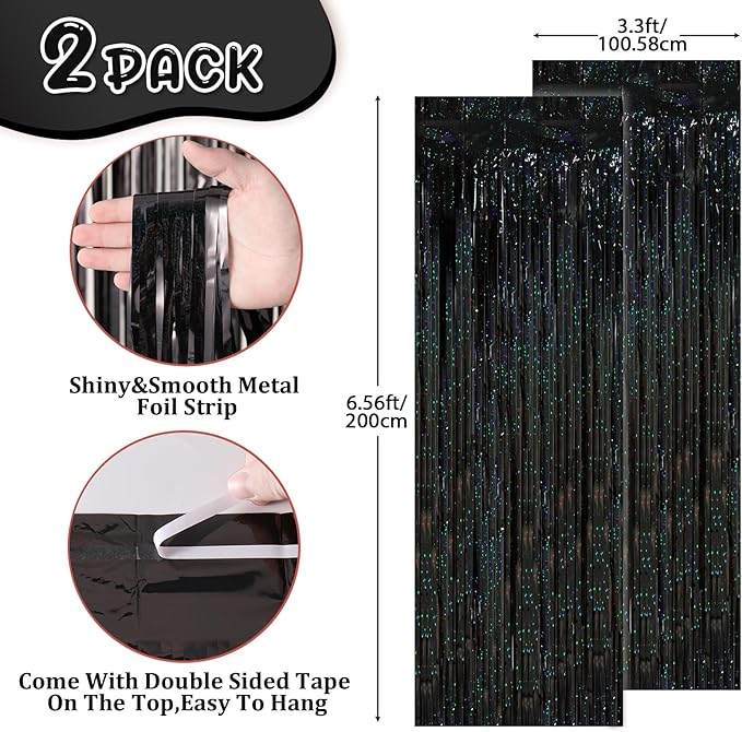 2 Pack Laser Black Tinsel Foil Fringe Curtains, Black Party Decorations, Metallic Tinsel Party Streamers Backdrop for Birthday Halloween Masquerade New Years Gatsby 1920s Party Decorations