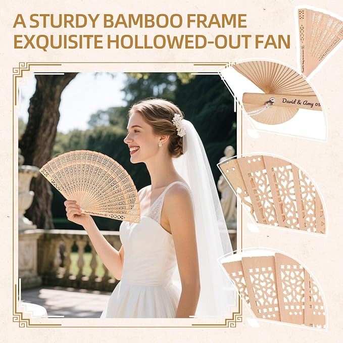 10pcs Personalized Wedding Fans for Guests - Custom Wooden Hand Fans with Names/Dates - Bulk Wedding Favors for Bridal Shower, Baby Shower & Parties (Wood, 10pcs)