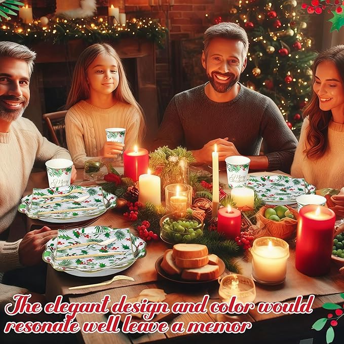 Pickmesh 400 Pcs Christmas Party Supplies Include Seasonal Holly Leaf Disposable Paper Plates Napkins Cups Cutlery Xmas Tableware for Merry Christmas Holiday Party Decorations Serve 50
