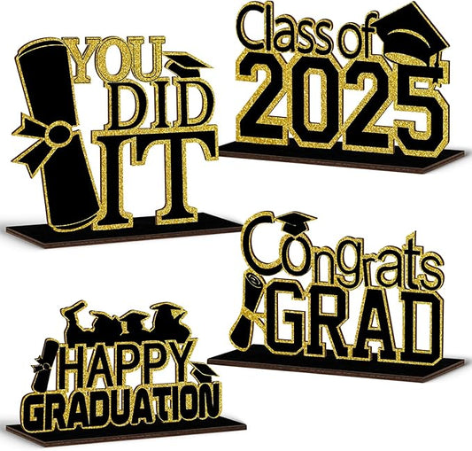(4 Pcs) KSKSPE Graduation Decorations Party Supplies Table Centerpieces,Graduation Theme Design and Sturdy Wooden for Graduation Party Favors Decorations,Black