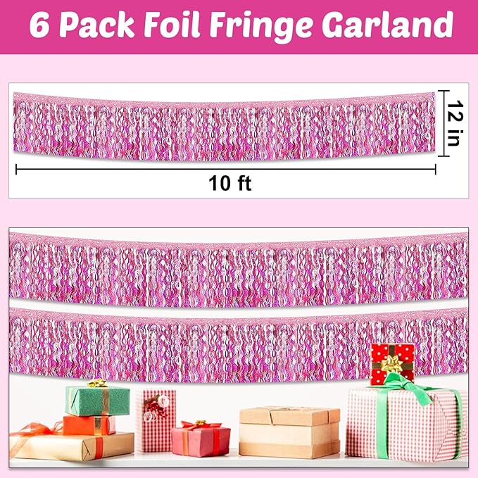 6 Pack 10 Feet Pink Wave Foil Fringe Garland Metallic Tinsel Streamers Banner Wall Hanging Curtain Backdrop for Parade Floats, Mother's Day, Easter, Bachelorette, Wedding Party Decoration