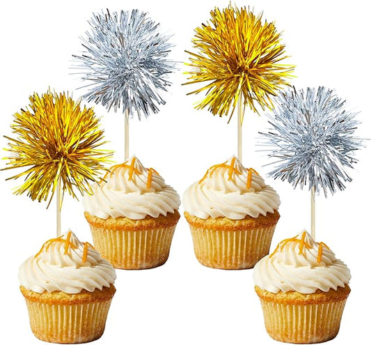 Gyufise 30Pcs Foil Firework Cupcake Toppers Sparkle Tinsel Cake Toppers Tinsel Drink Cake Decoration Cocktail Picks for Birthday Wedding Graduation Party Supplies Gold Silver