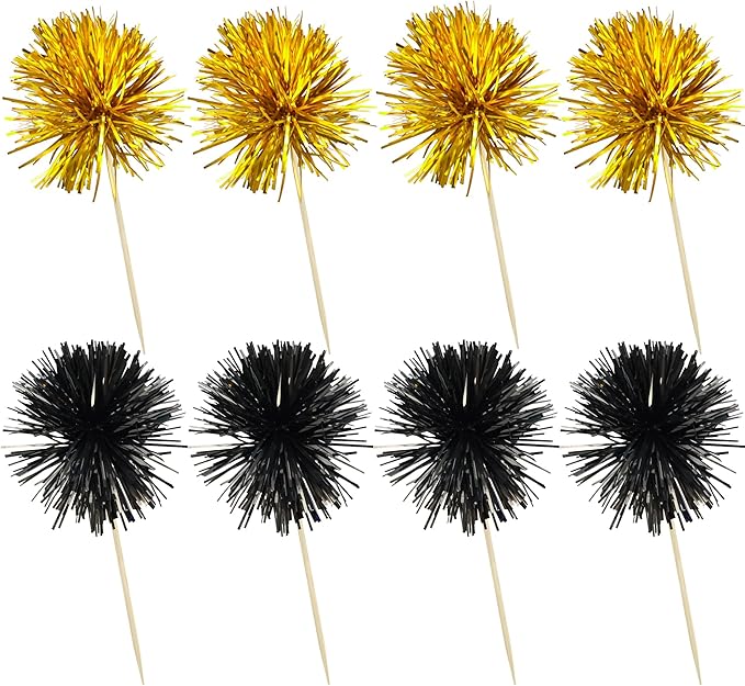 Ephlyn 30Pcs Foil Firework Cupcake Toppers Sparkle Tinsel Cupcake Picks Happy Birthday Cake Decorations Drink Stirrers Cocktail Food Toothpicks for Baby Shower Graduation Party Supplies Black Gold