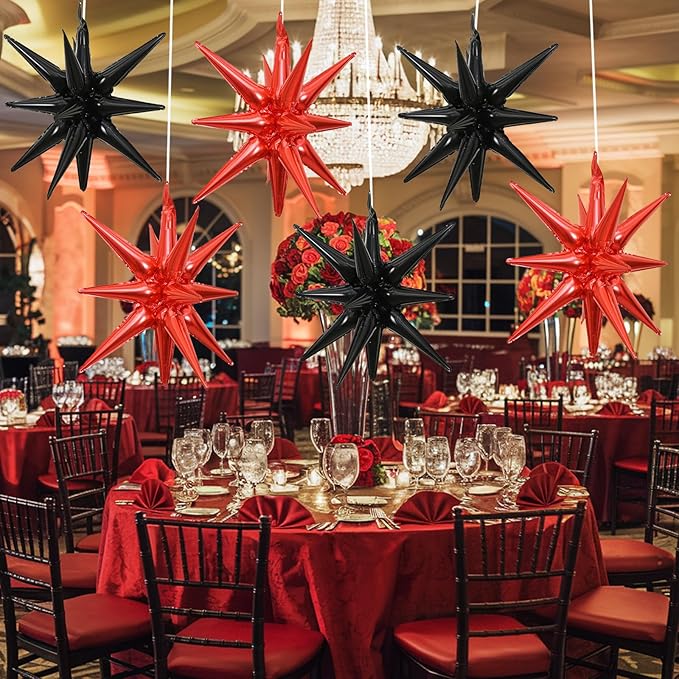 6PCS Black Red Star Balloons, 22Inch Large Star Balloon Foil Balloons Spike Cone Balloon for Birthday Anniversary New Year Halloween Vampire Casino Party Decorations