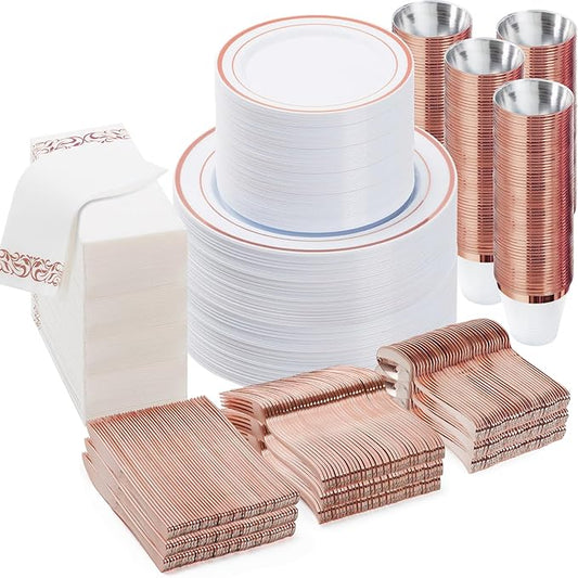 BESTVIP 700PCS Rose Gold Disposable Dinnerware Set for 100 Guests, Plastic Plates for Party, Wedding, Christmas, Halloween, Include: 200 Plastic Plates, 100 Gold Silverware, 100 Cups, 100 Napkins